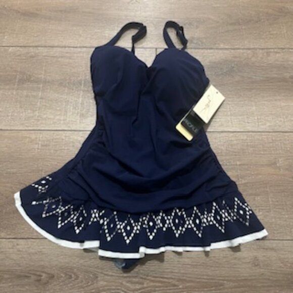 NEW Profile By Gottex One Piece Swimsuit Navy Blue Ruched Women’s Size‎ 6D NWT - Picture 4 of 12